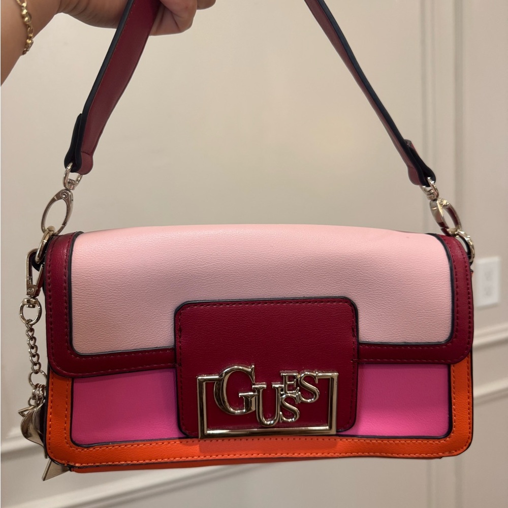 Guess Pink and Red Shoulder Bag with Color-Blocking Design